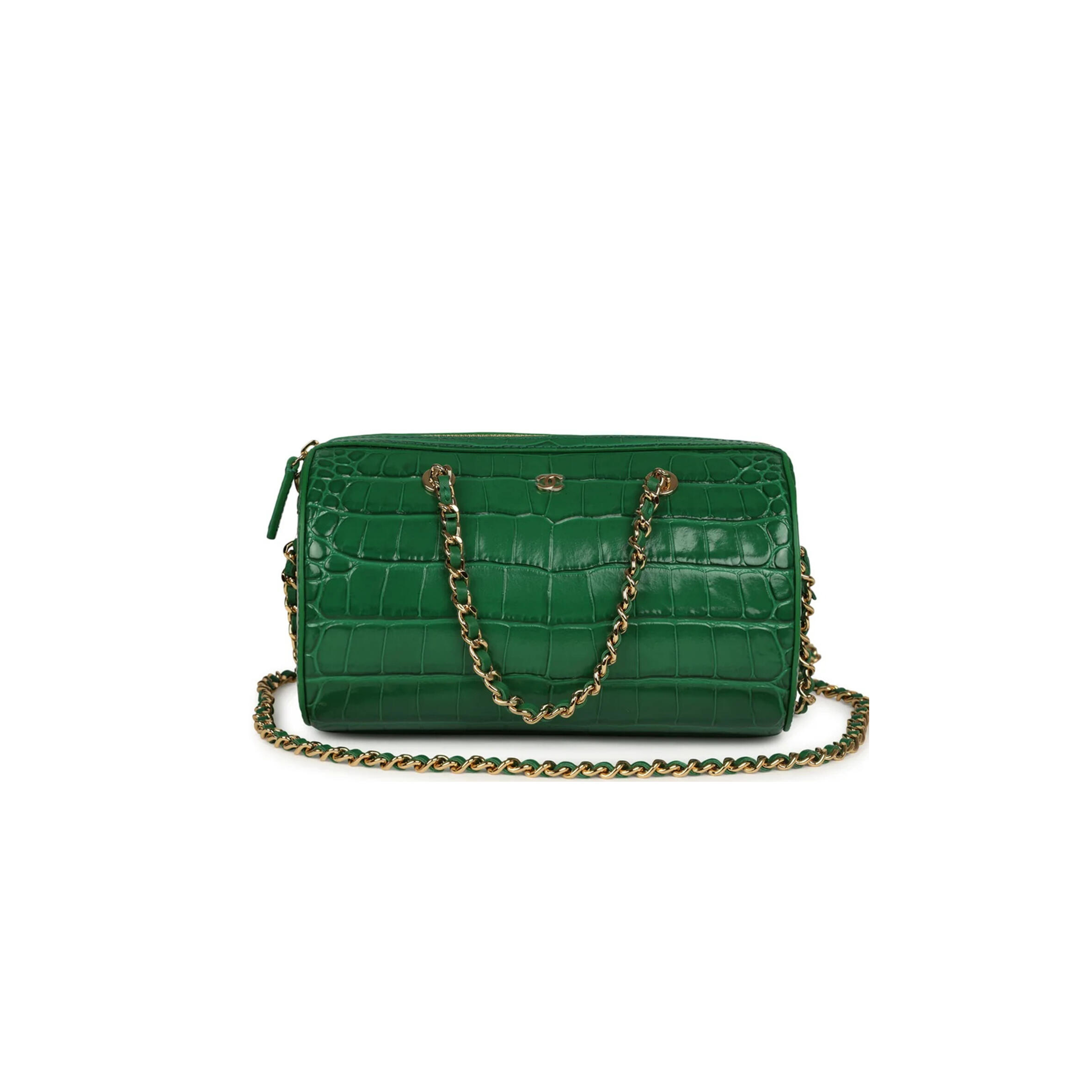 CHANEL MINI TIMELESS CLASSIC BARREL BAG WITH CHAIN GREEN CROC EMBOSSED CALFSKIN GOLD HARDWARE AS5390 (18*13*10cm)